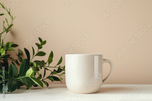 White cup with houseplant on beige background. Coffee or tea. Mockup  template for design. Ecology and zero-waste  green lifestyle. Minimalistic composition