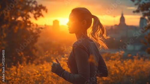 Woman wearing professional running gear jogging in an urban park at sunrise. Healthy lifestyle. Sport fitness concept. 