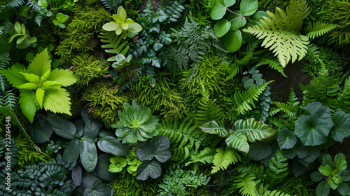A meticulously arranged flat lay of various mosses and ferns showcasing the understated beauty of forest floor. #723264548