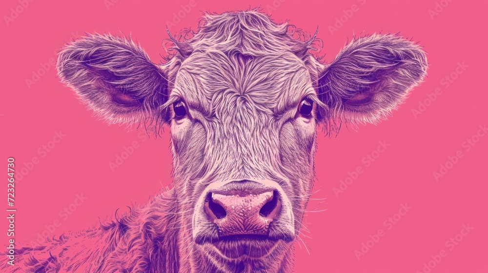 a close - up of a cow's face on a pink background with a blurry image of a cow's head in the center of the foreground. a close - up of a cow's face on a pink background with a blurry image of a cow's head in the center of the foreground.