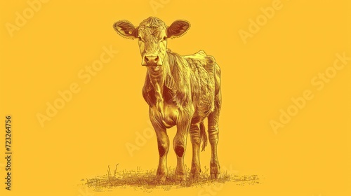  a brown cow standing on top of a dry grass field next to a yellow wall and a grass field next to it  with the cow looking at the camera.