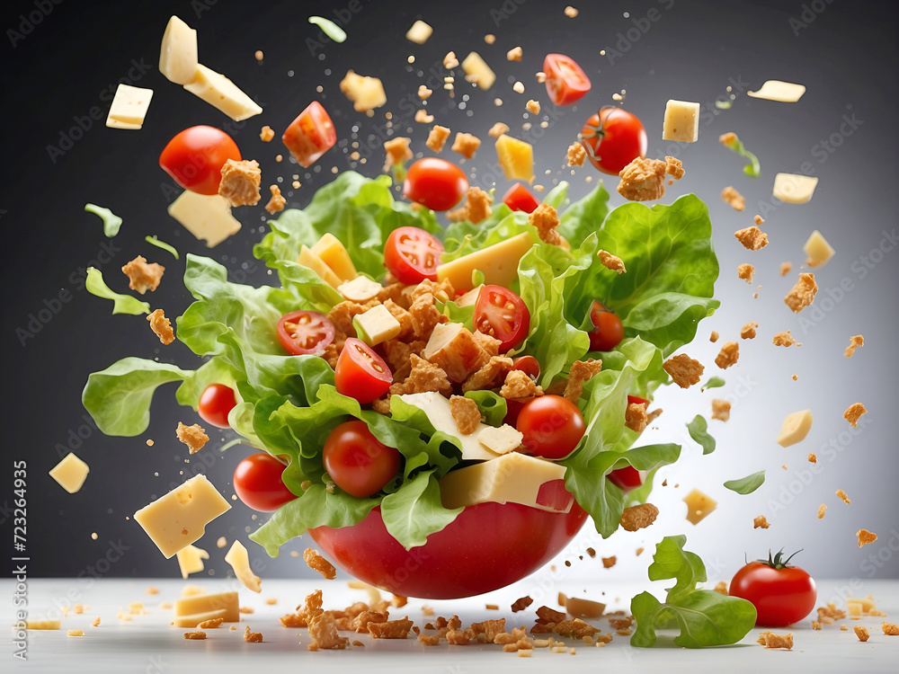 Obraz premium Explosion of ingredients in mid-air, flying cheese, lettuce, and tomato slices black-white background