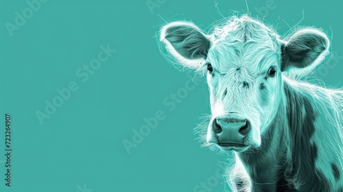  a close up of a cow's face on a blue background with a blurry image of a cow's head in the center of the image is shown.
