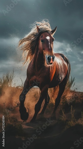 Running brown horse in the meadow.