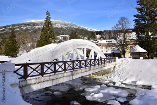 White bridge in Špindlerův Mlýn, part of the pedestrian zone across the Elbe