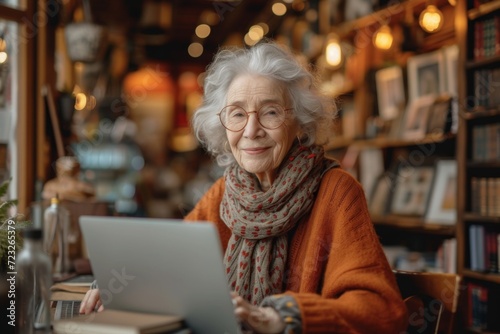older woman smile face using a laptop