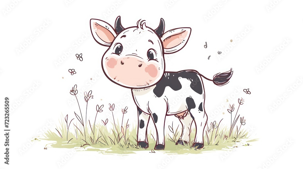  a black and white cow standing on top of a grass covered field with a butterfly on it's back and another cow in the background looking at the camera.