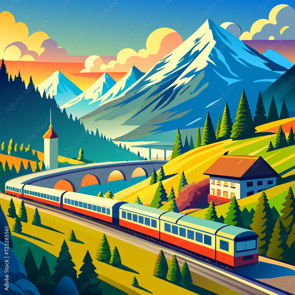 Subway and train in the mountains at sunset. Vector illustration EPS 10