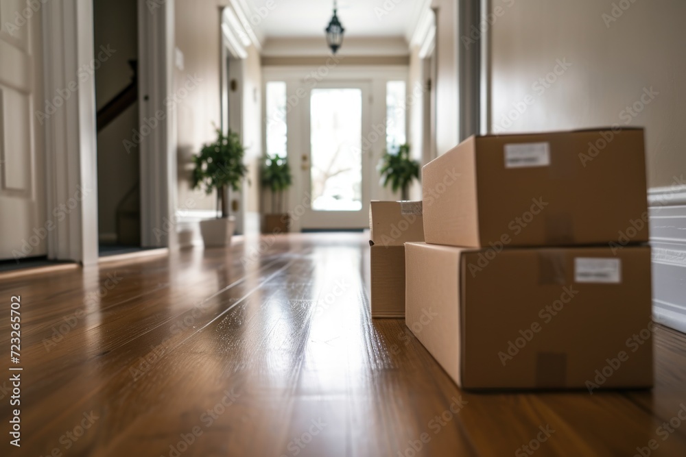 Cardboard parcels placed neatly in the hallway symbolize moving to a new home Cardboard parcels placed neatly in the hallway symbolize moving to a new home