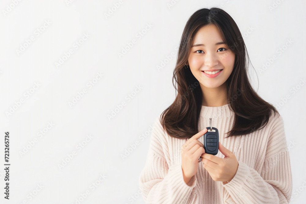 Smiling woman pose with car key in her hands studio shot .Rental automotive business concept .Used car concept .Car insurance concept . Smiling woman pose with car key in her hands studio shot .Rental automotive business concept .Used car concept .Car insurance concept .