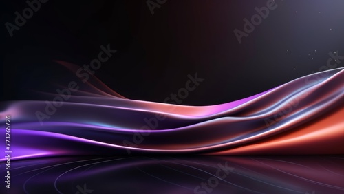 Chic black stage with purple and orange satin fabric in backdrop, Premium showcase mockup template for Beauty, Cosmetic, Luxury products, with copy space for text