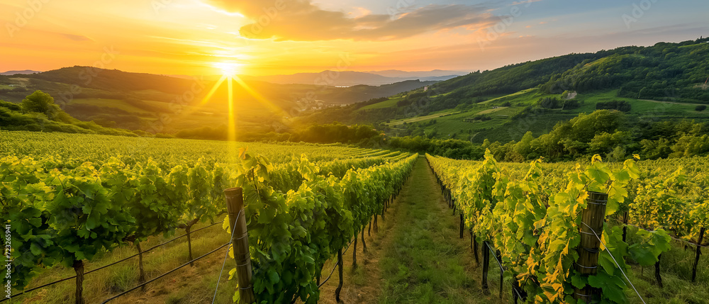 panoramic view of a summer vineyard at sunset. green vineyard rows at sunset
 - obrazy, fototapety, plakaty 
