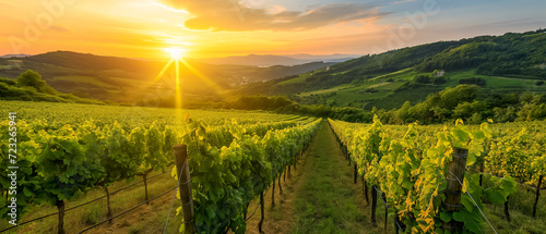 panoramic view of a summer vineyard at sunset. green vineyard rows at sunset
 #723265941