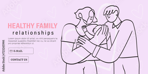 Happy family hug. Parents with cuddle embrace with love, support. Mother, father, newborn baby spend time together. Bonding relationship concept. Flat vector illustration in simple abstract style.
