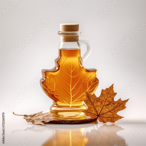 Close up of maple syrup bottle with maple leaves