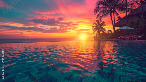 Outdoor luxury sunset over infinity pool swimming