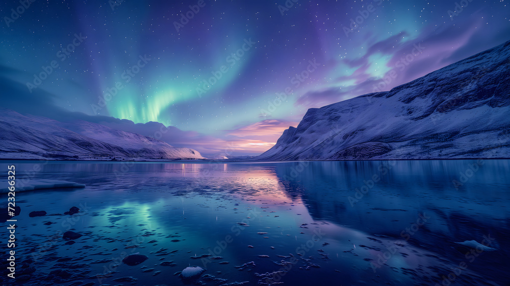 Naklejka premium Vivid aurora borealis over a snowy mountain landscape