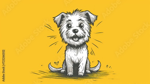  a black and white drawing of a dog sitting on the ground with its mouth open and tongue out, on a yellow background, with a black and white border.