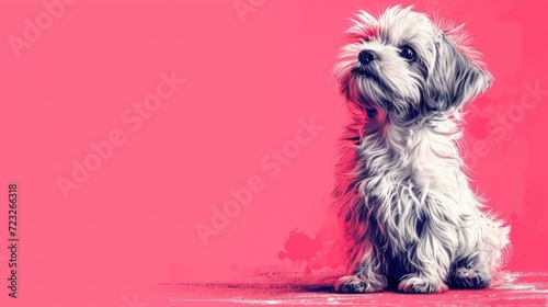  a small white dog sitting on top of a pink floor in front of a red and pink background with a small white dog sitting on top of it's legs.