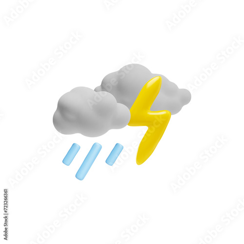 Gray plasticine clouds with raindrops and lightning 3D style