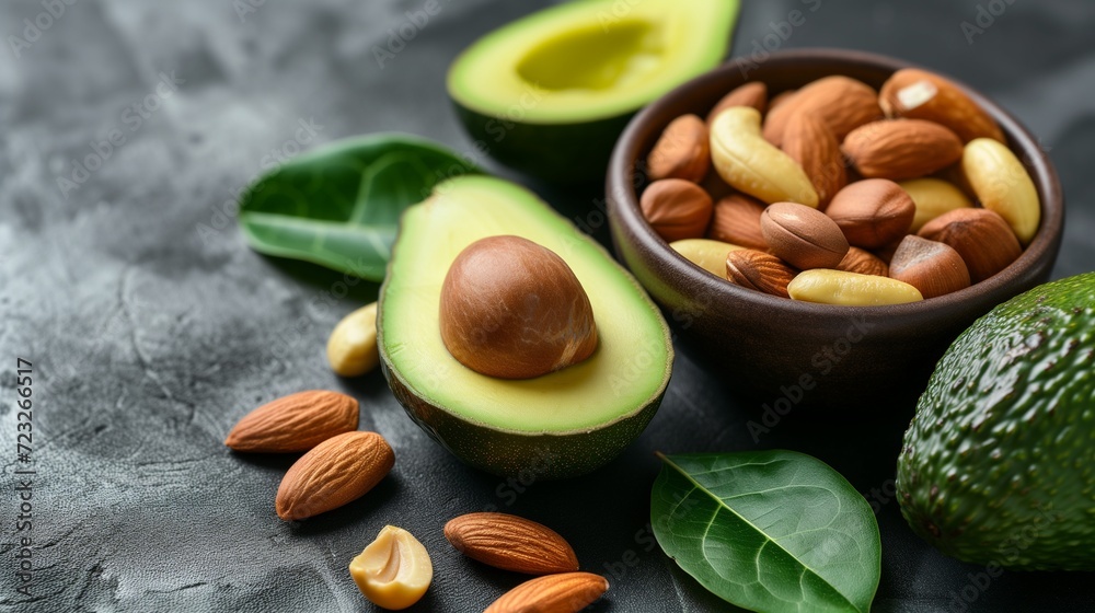 A health-focused image showcasing magnesium supplement capsules alongside natural magnesium-rich foods such as sliced avocado, fresh broccoli, and a variety of nuts like almonds and cashews. - obrazy, fototapety, plakaty 