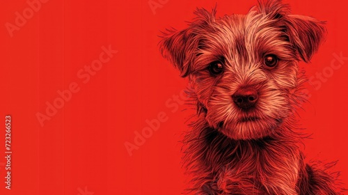  a close up of a dog's face on a red background with the image of a dog looking at the camera with a sad look on it's face.