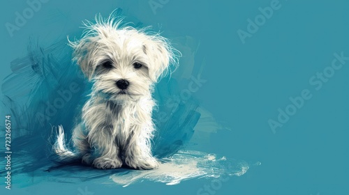  a small white dog sitting on top of a blue floor next to a painting of a small white dog with long hair on top of it's head, sitting in front of a blue background.