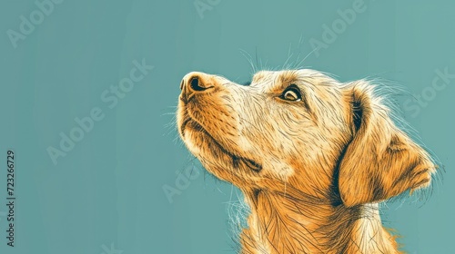  a close up of a dog's head with its eyes closed and it's head turned to the side, with a blue background of the image of a dog's head.