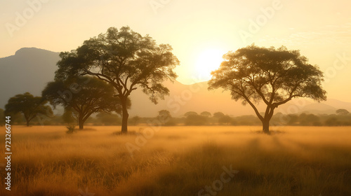Golden sunrise casting shadows in a savannah landscape
