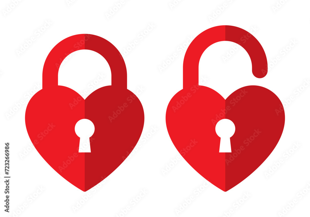 Security heart icon set lock and unlock with key hole in red color minimal concept design. Valentine's red heart icon with keyhole. Security heart icon set lock and unlock with key hole in red color minimal concept design. Valentine's red heart icon with keyhole.