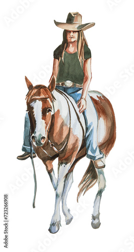 Watercolor hand painted cowgirl and horse clipart isolated on a white background. Wild West design. Ranch concept illustration. Woman and horse painting. © Victoria