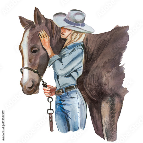 Watercolor hand painted cowgirl and horse clipart isolated on a white background. Wild West design. Ranch concept illustration. Woman and horse painting.