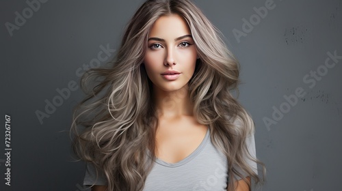 Young sporty woman with long hair in a gray top