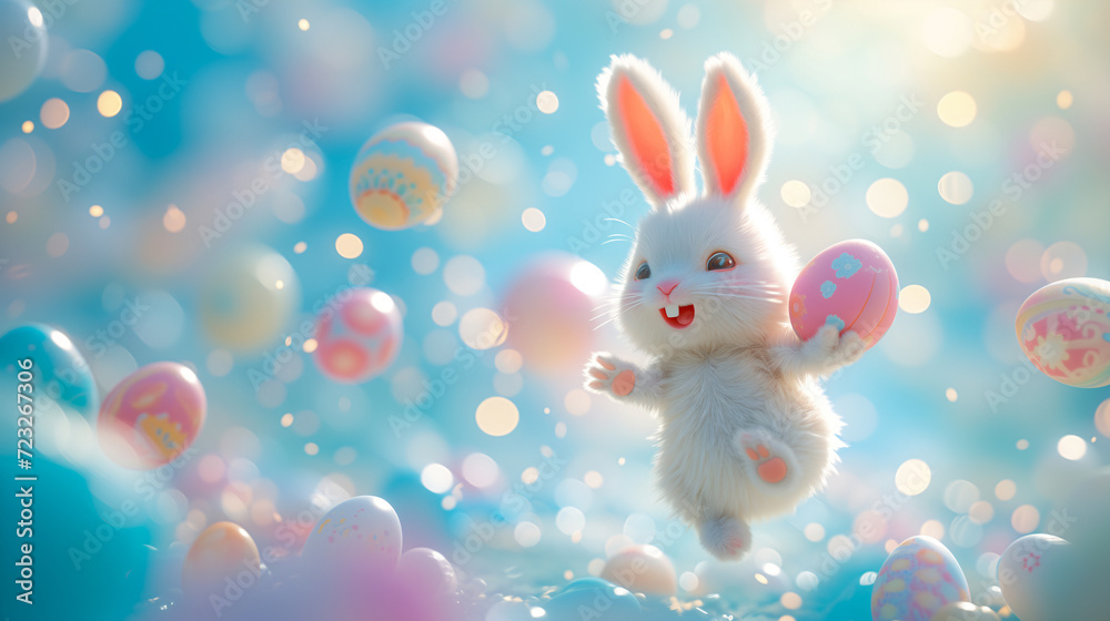 Cute easter bunny jumping in the air surrounded by eggs. Adorable Easter Egg day on a blue background Cute easter bunny jumping in the air surrounded by eggs. Adorable Easter Egg day on a blue background