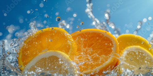 A splash of water on freshly sliced orange slices on a blue background  a splash of freshness