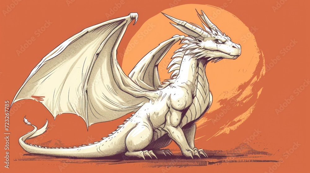 a drawing of a white dragon sitting in front of an orange background with a half moon in the middle of the frame and a half moon in the middle of the frame. a drawing of a white dragon sitting in front of an orange background with a half moon in the middle of the frame and a half moon in the middle of the frame.