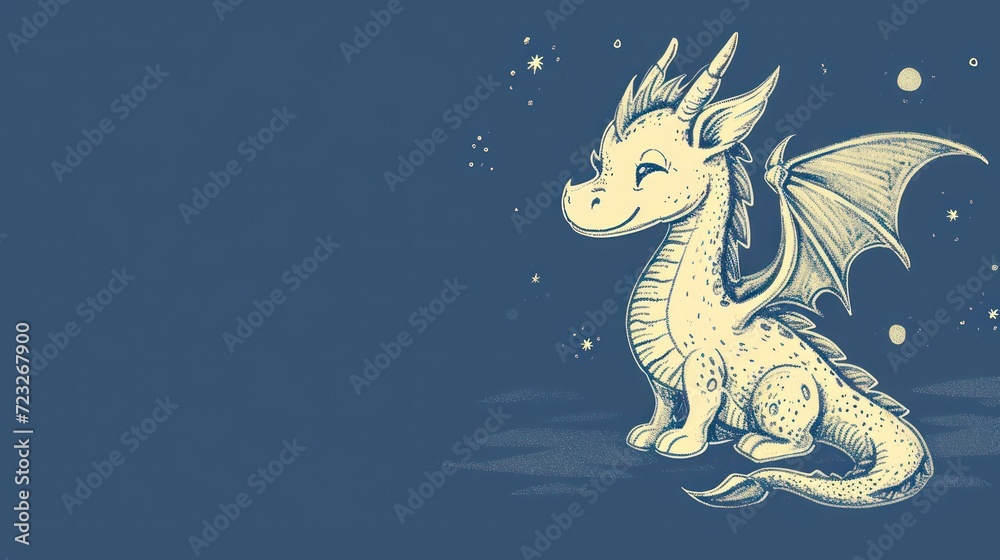 a drawing of a white dragon sitting on the ground with stars in the sky behind it, on a blue background, with a white outline of the dragon sitting on the ground. a drawing of a white dragon sitting on the ground with stars in the sky behind it, on a blue background, with a white outline of the dragon sitting on the ground.