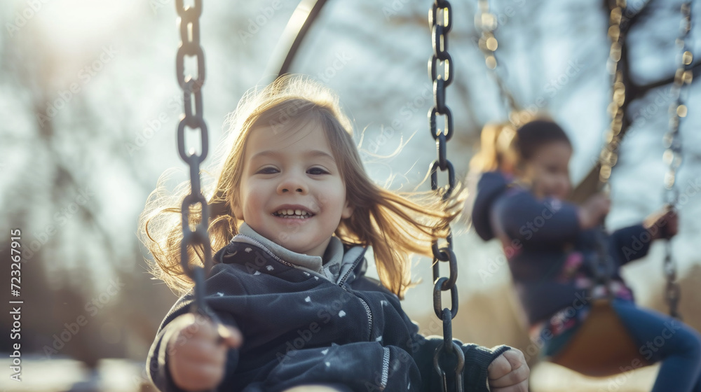 Little happy girl on swing. 