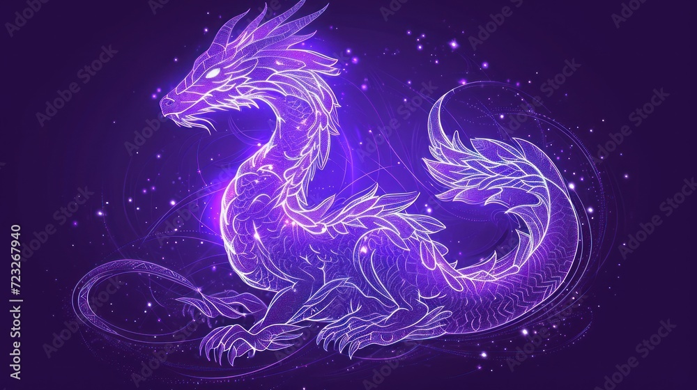 a blue and purple dragon sitting on top of a purple background with a lightening effect in the middle of it's body and the image is in the shape of the shape of a rectangle of a circle. a blue and purple dragon sitting on top of a purple background with a lightening effect in the middle of it's body and the image is in the shape of the shape of a rectangle of a circle.