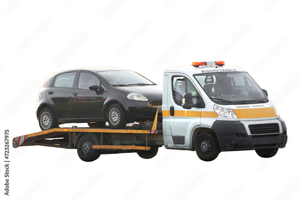 A Transportation Service. A Tow Truck with a Broken Car on a Road Isolated on a White Background.