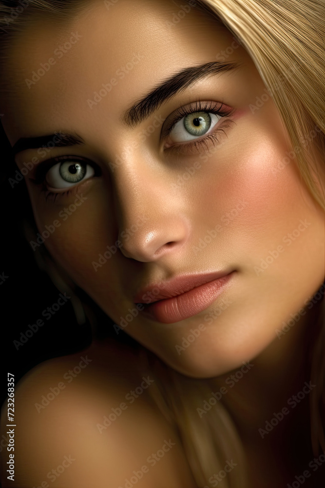 Close-up portrait of beautiful strong woman with blond fair hair