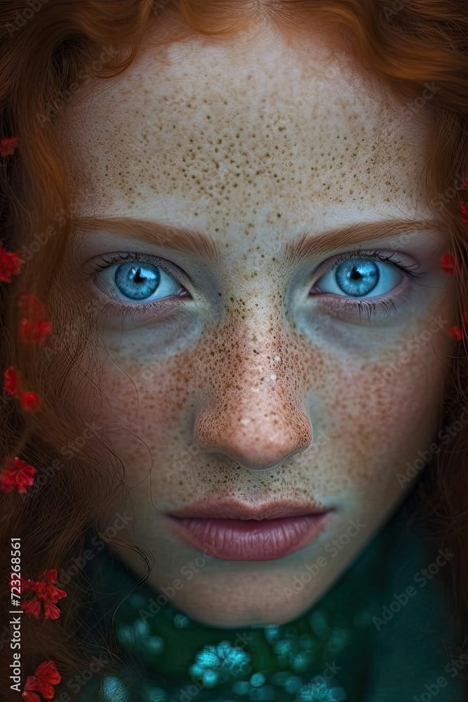 Close-up portrait of beautiful strong woman with auburn hair and dazzling green eyes Close-up portrait of beautiful strong woman with auburn hair and dazzling green eyes