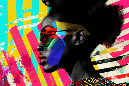AI Generated Image. Pop art colorful collage portrait of the trendy black woman photo