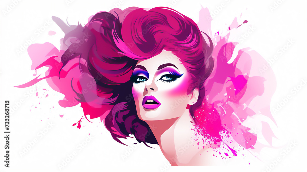 Drag queen silhouette who are usually a gay males who cross dress and wear heavy make up to expressive themselves in an artistic performance at a glamourous nightclub, stock illustration image
