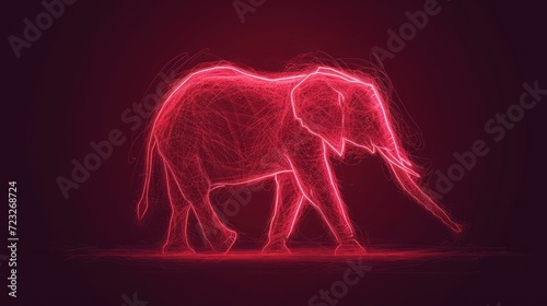  a red elephant standing in the middle of a dark room with its trunk in the air and its trunk in the air, with its trunk in the air, and its trunk in the air, it's. photo