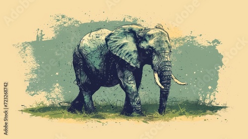  a drawing of an elephant standing in a field of grass with a blue sky in the back ground and a yellow sky in the back ground and a green background.