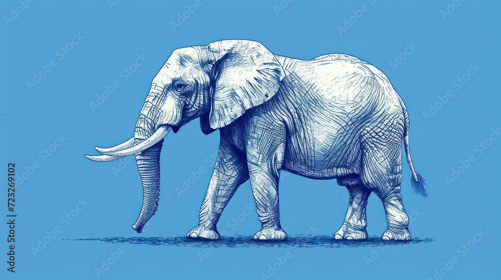  a drawing of an elephant standing in the middle of the blue sky with its tusks curled up and tusks curled in the middle of the elephant's tusks.