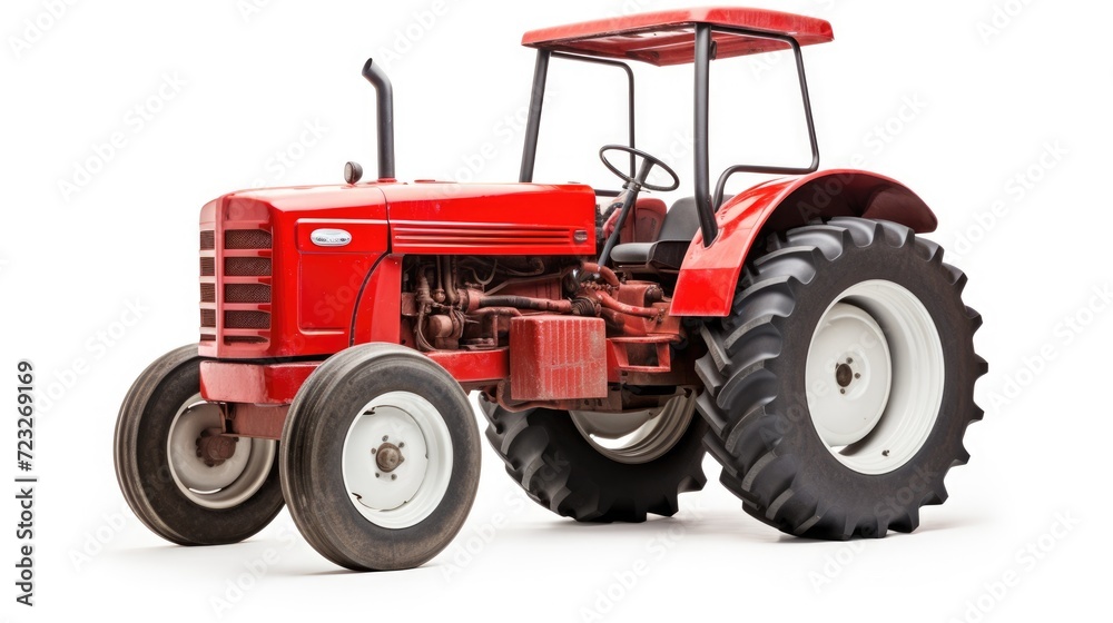 Red Tractor Isolated on White Background. Agricultural Farm Equipment Closeup for Industrial Use