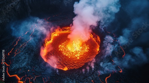 Lava Flows on active volcano aerial view,