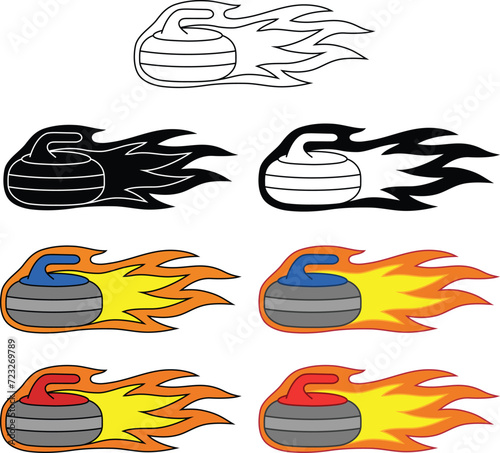 Curling Rock or Stone with Flames Side View Graphic - Outline, Silhouette & Color